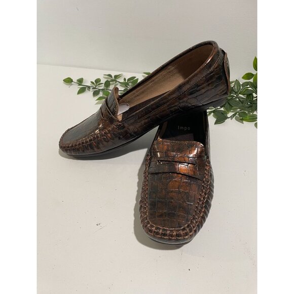 Impo Womens Devon Penny Loafer Shoe Brown Crocodile Slip On Leather 8.5M Comfort - Picture 1 of 12